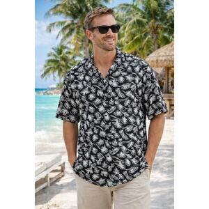 BC Collection Men’s 3XL Black White Tropical Palm Leaf Hawaiian Shirt Button Up
